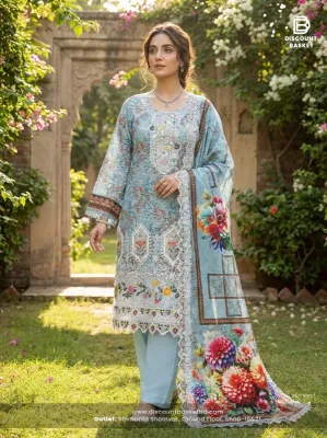 Fully stitched Swiss Lawn ensemble featuring premium embroidery and lace.